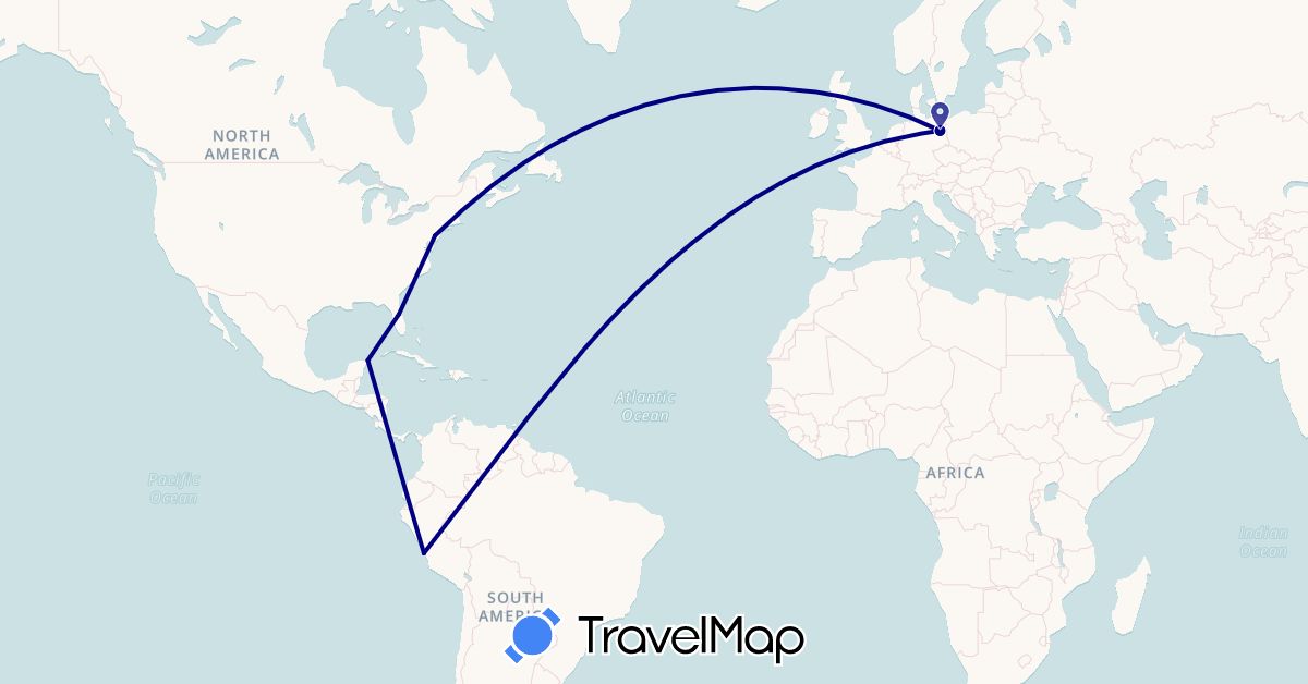 TravelMap itinerary: driving in Germany, Mexico, Peru, United States (Europe, North America, South America)
